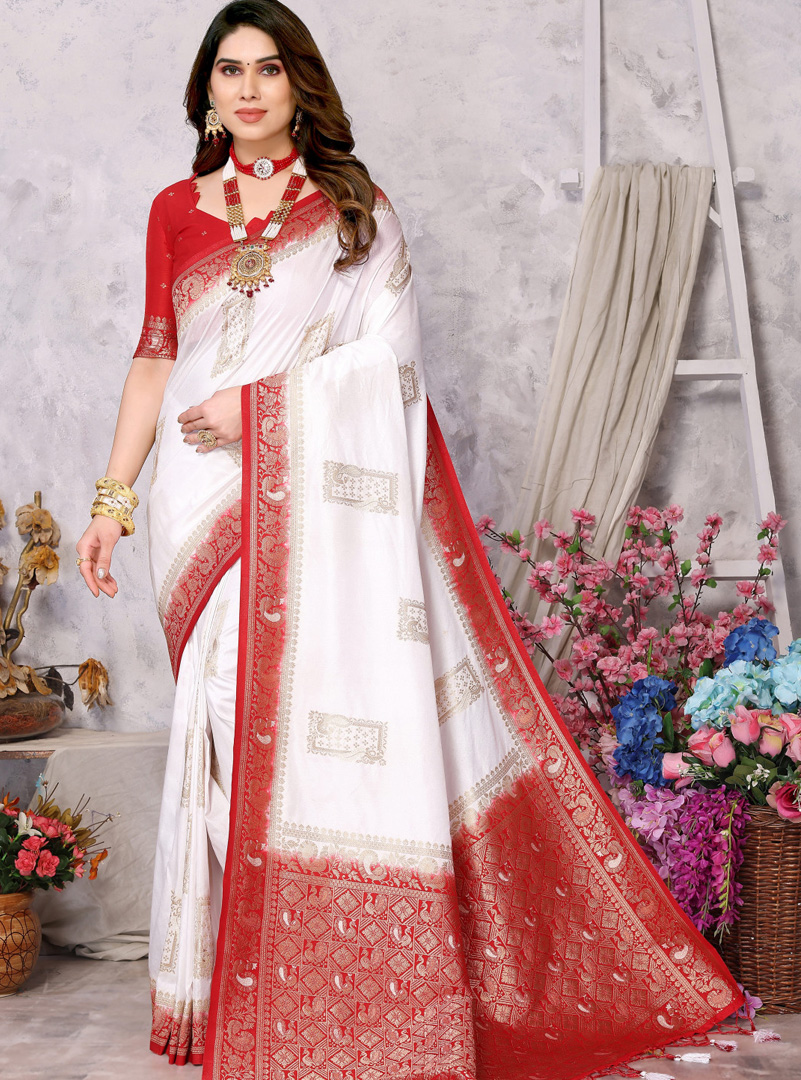 Durga Puja Special Red And White Saree